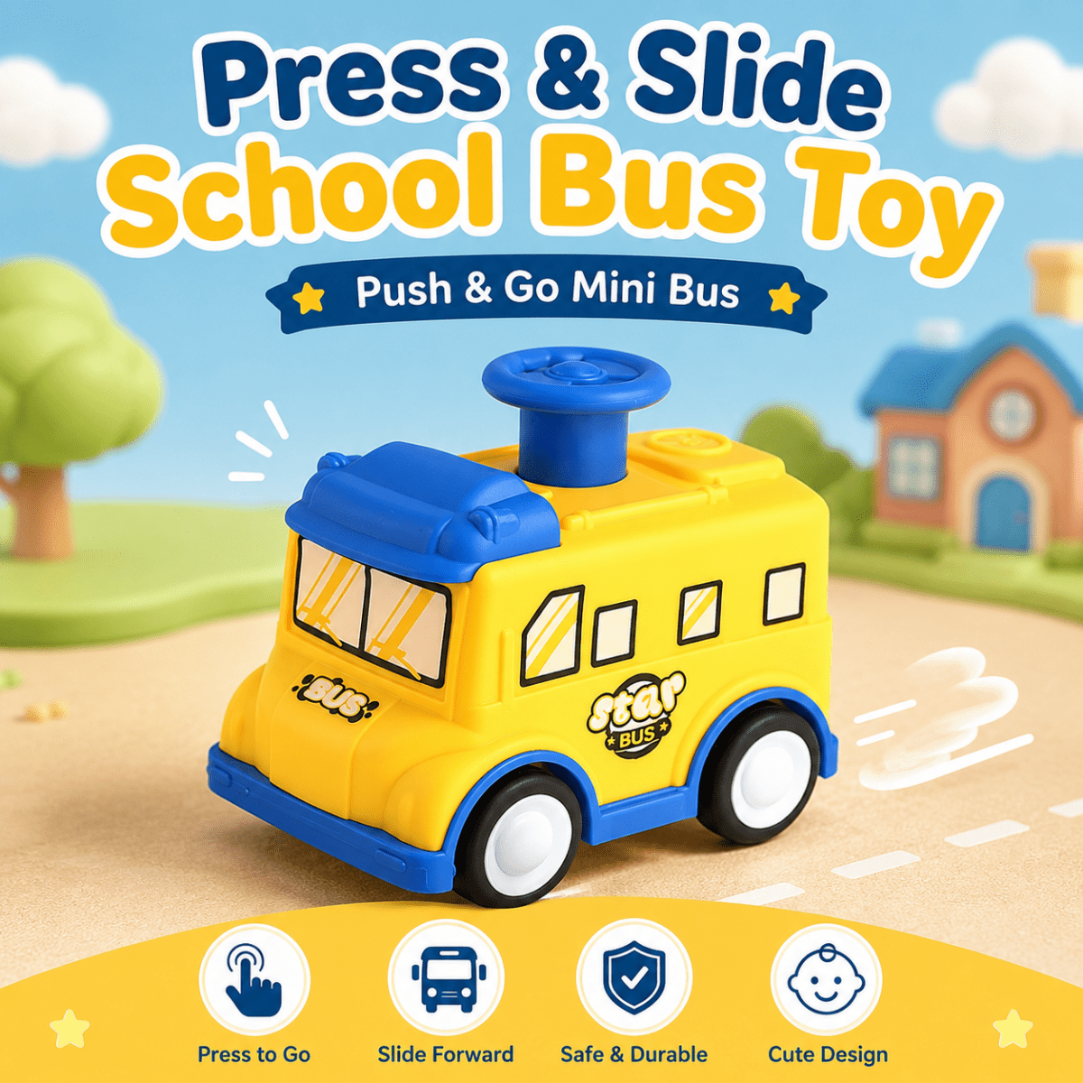 Press & Slide School Bus Toy – Push & Go Mini Bus | 1Pc