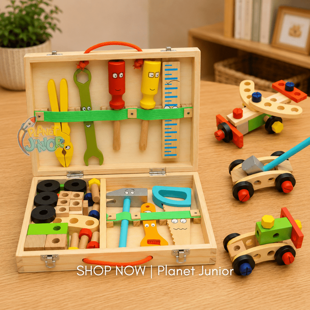 34 PCS Wooden Tool Box & Construction Set for Kids