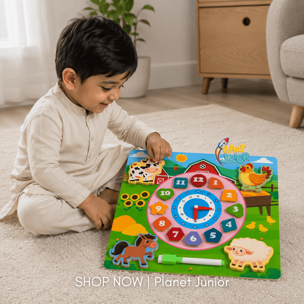 Wooden Farm Animal Clock & Tracing Learning Board