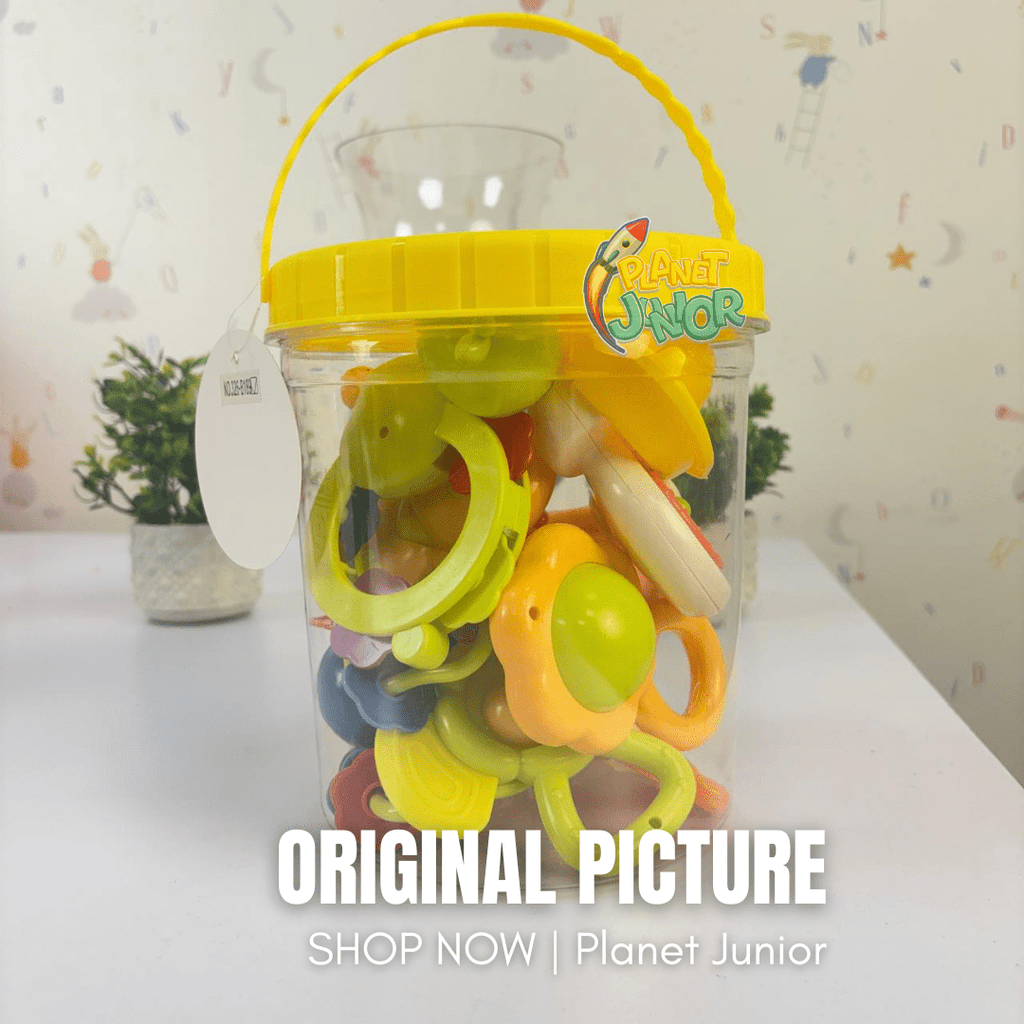 Colorful Baby Rattle & Teether Toy Set with Handy Storage Bucket