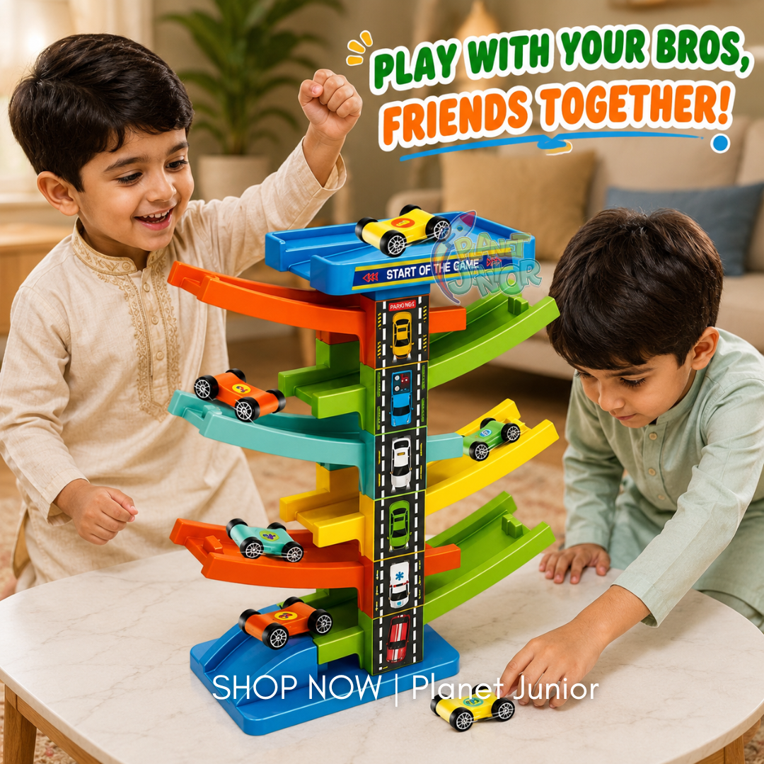 DIY Gliding Rail Car Multi-Level Racing Track Set with 8 Slide Cars