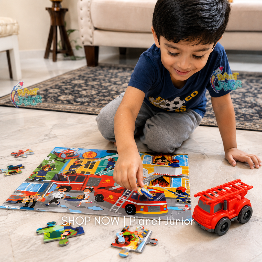 48-Piece Rescue Theme Wooden Puzzle Activity Set with Inertia Vehicle & Color Pens