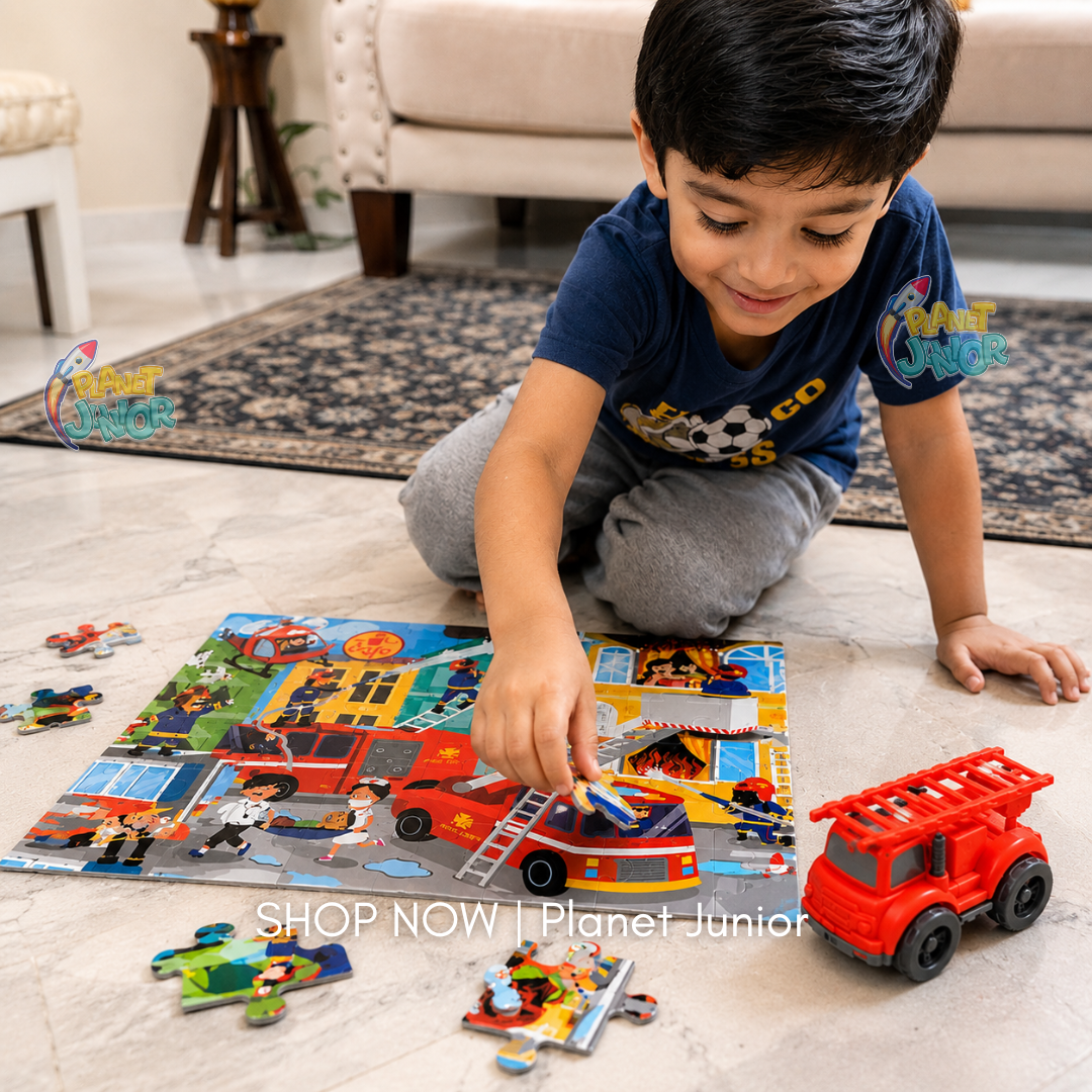 48-Piece Rescue Theme Wooden Puzzle Activity Set with Inertia Vehicle & Color Pens