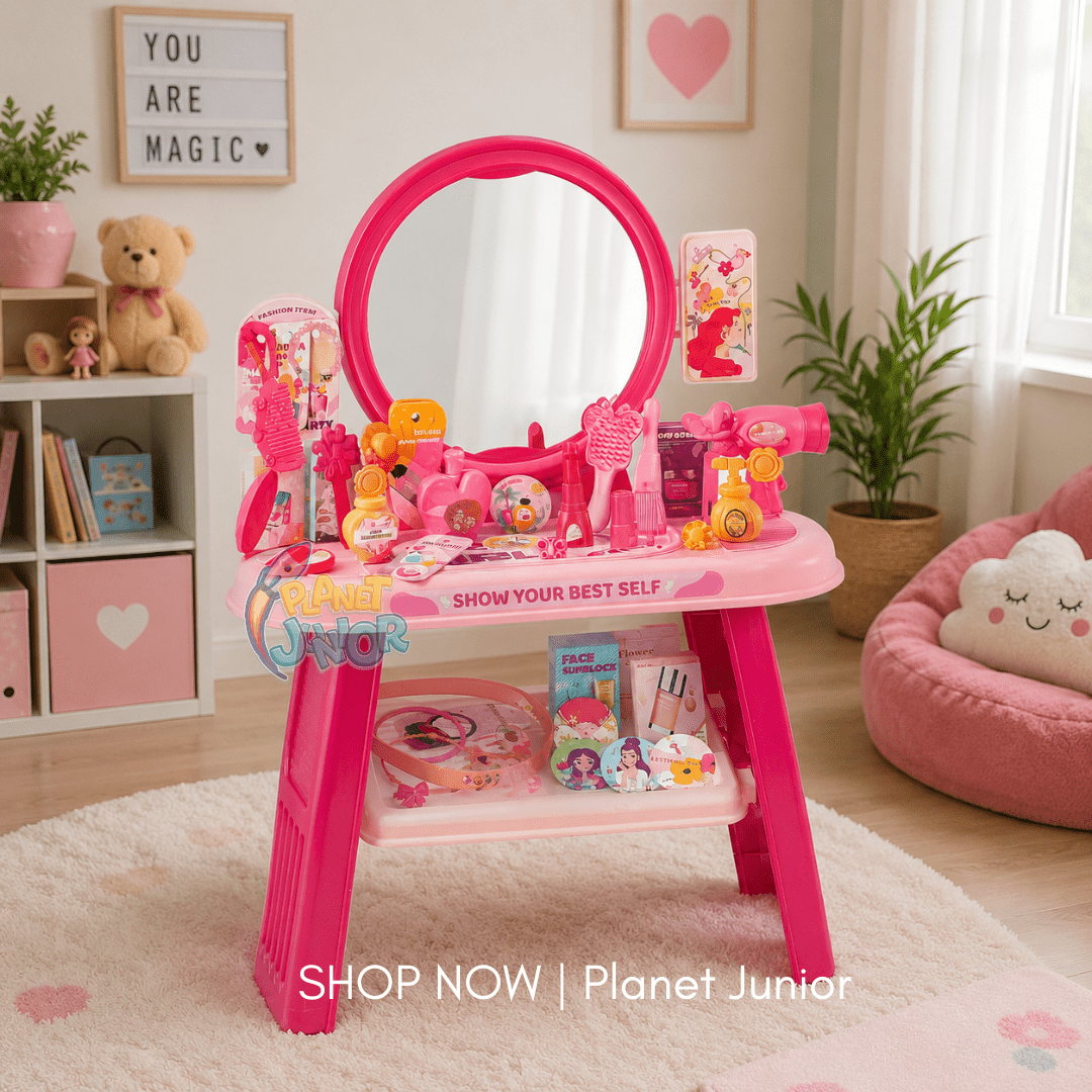 Kids Pink Dressing Table with Mirror, Beauty Accessories & Storage Shelf