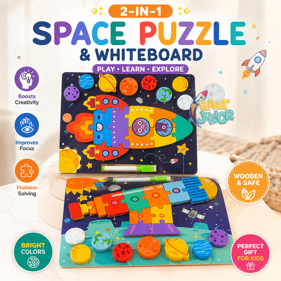Wooden 2-in-1 Space Puzzle & Whiteboard Learning Board for Kids