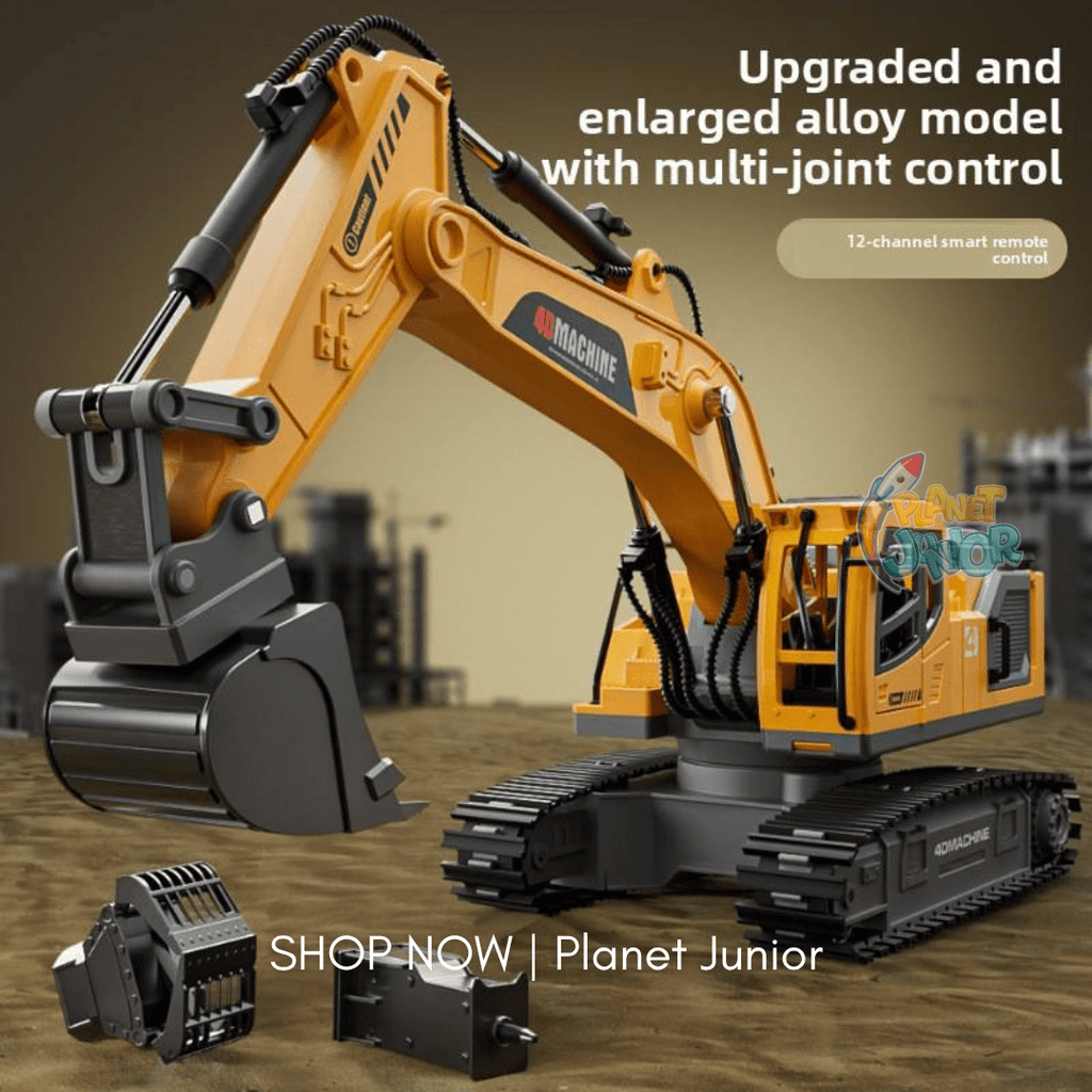 3-in-1 RC Excavator Construction Machine with Interchangeable Attachments, Smoke, Lights & Sound