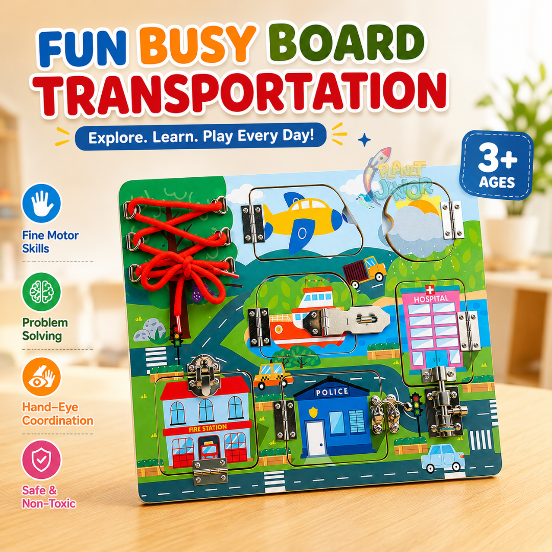 Wooden Transportation Busy Board with Locks, Latches & Lacing Activities