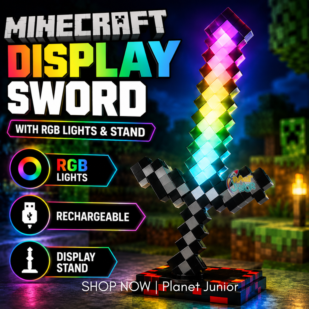 Minecraft-Inspired RGB Light-Up Pixel Sword with Display Stand – Rechargeable