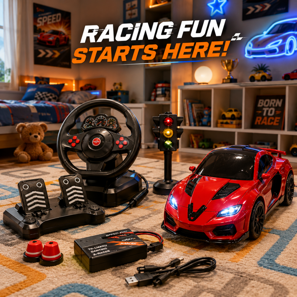 Luxury RC Steering Wheel Racing Car Set with Pedals & Traffic Signal
