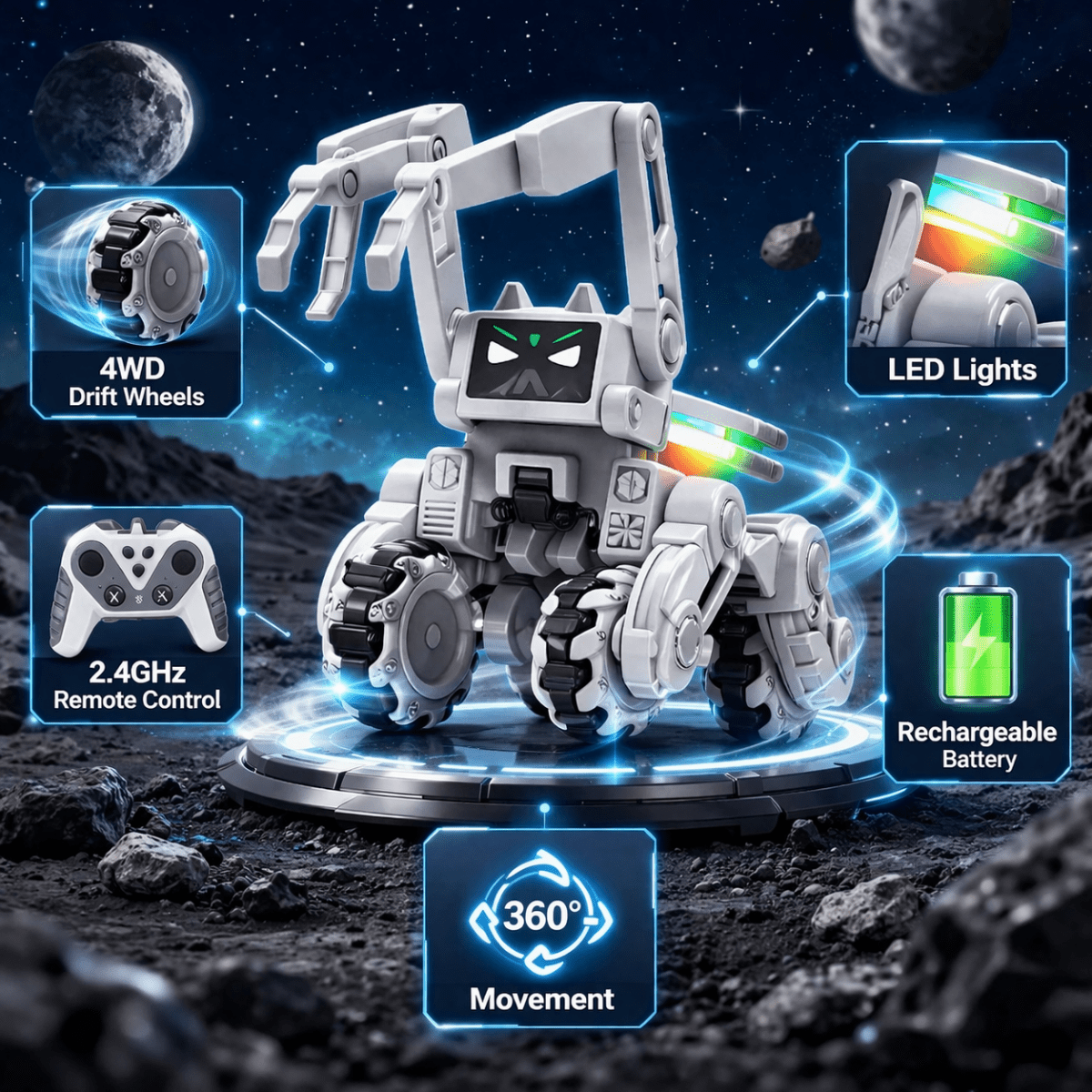 4WD RC Stunt Robot Car – 360° Drift, LED Lights & Rechargeable Smart