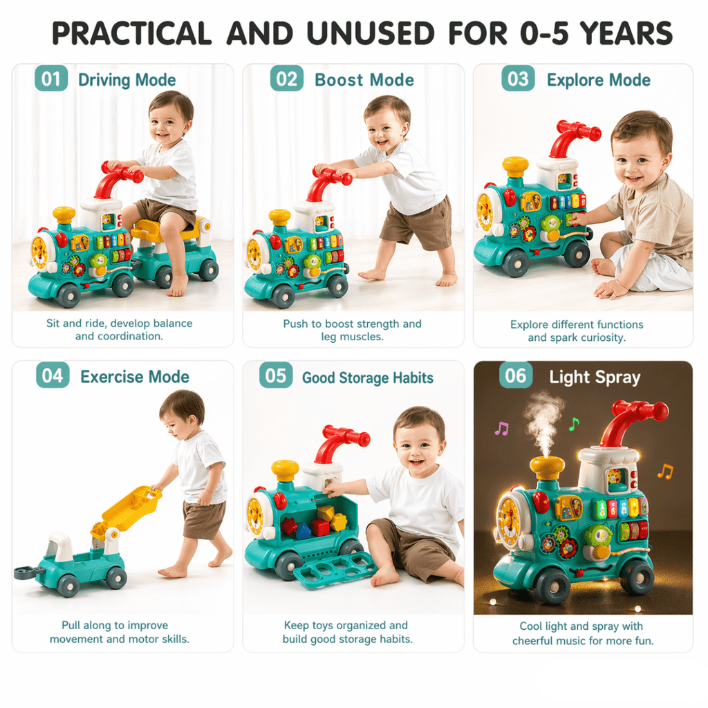 5-in-1 Musical Activity Ride On Train Walker – Light & Spray Feature