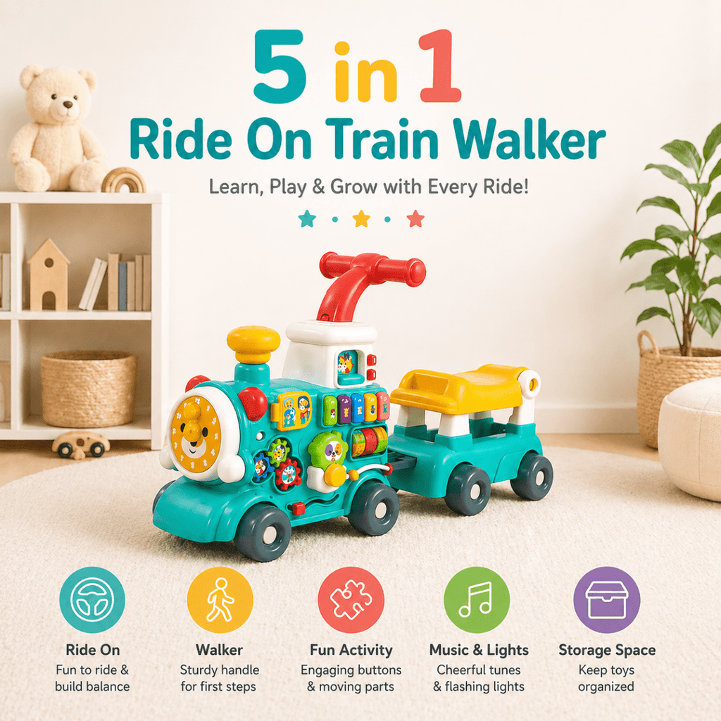 5-in-1 Musical Activity Ride On Train Walker – Light & Spray Feature