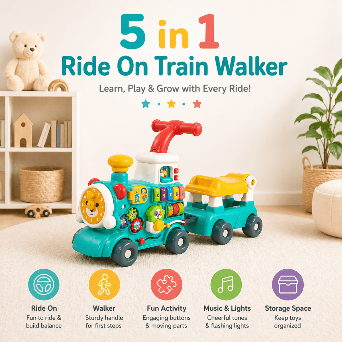 5-in-1 Musical Activity Ride On Train Walker – Light & Spray Feature