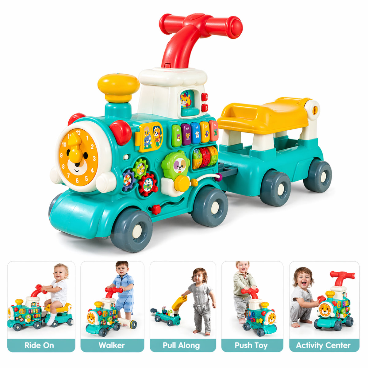 5-in-1 Musical Activity Ride On Train Walker – Light & Spray Feature