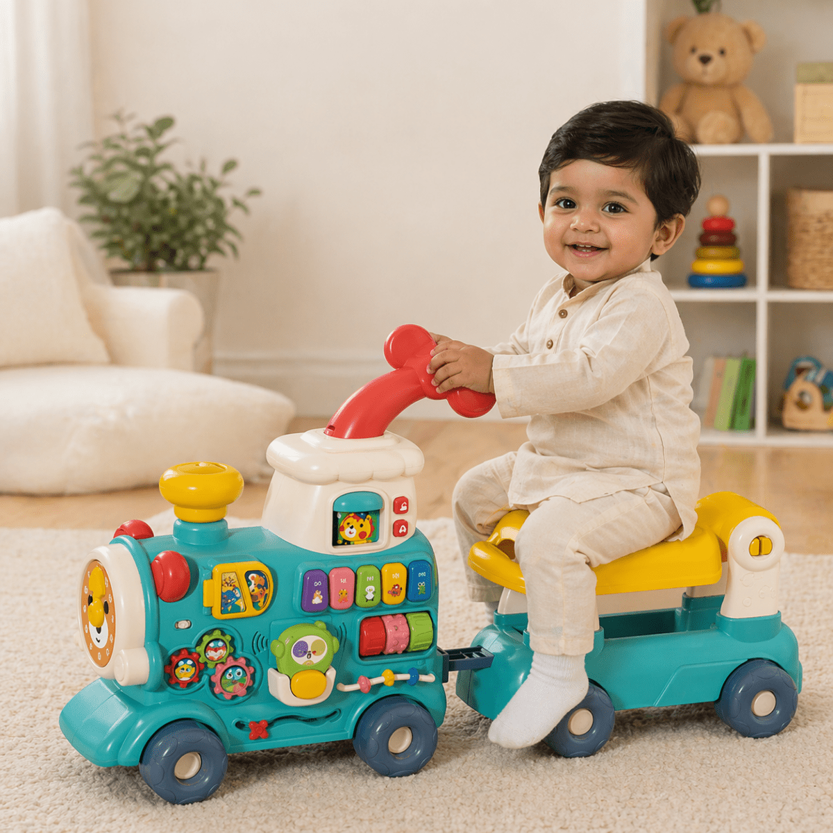 5-in-1 Musical Activity Ride On Train Walker – Light & Spray Feature