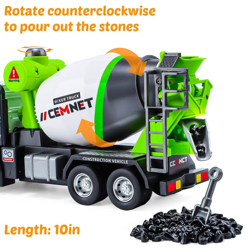 Diecast Cement Mixer Truck with Rotating Drum and Realistic Load & Pour Function