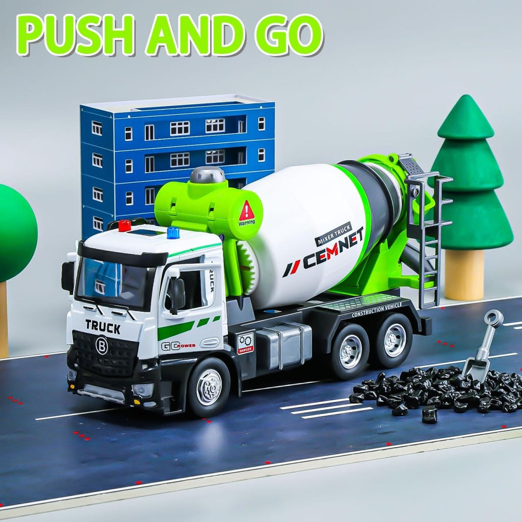 Diecast Cement Mixer Truck with Rotating Drum and Realistic Load & Pour Function