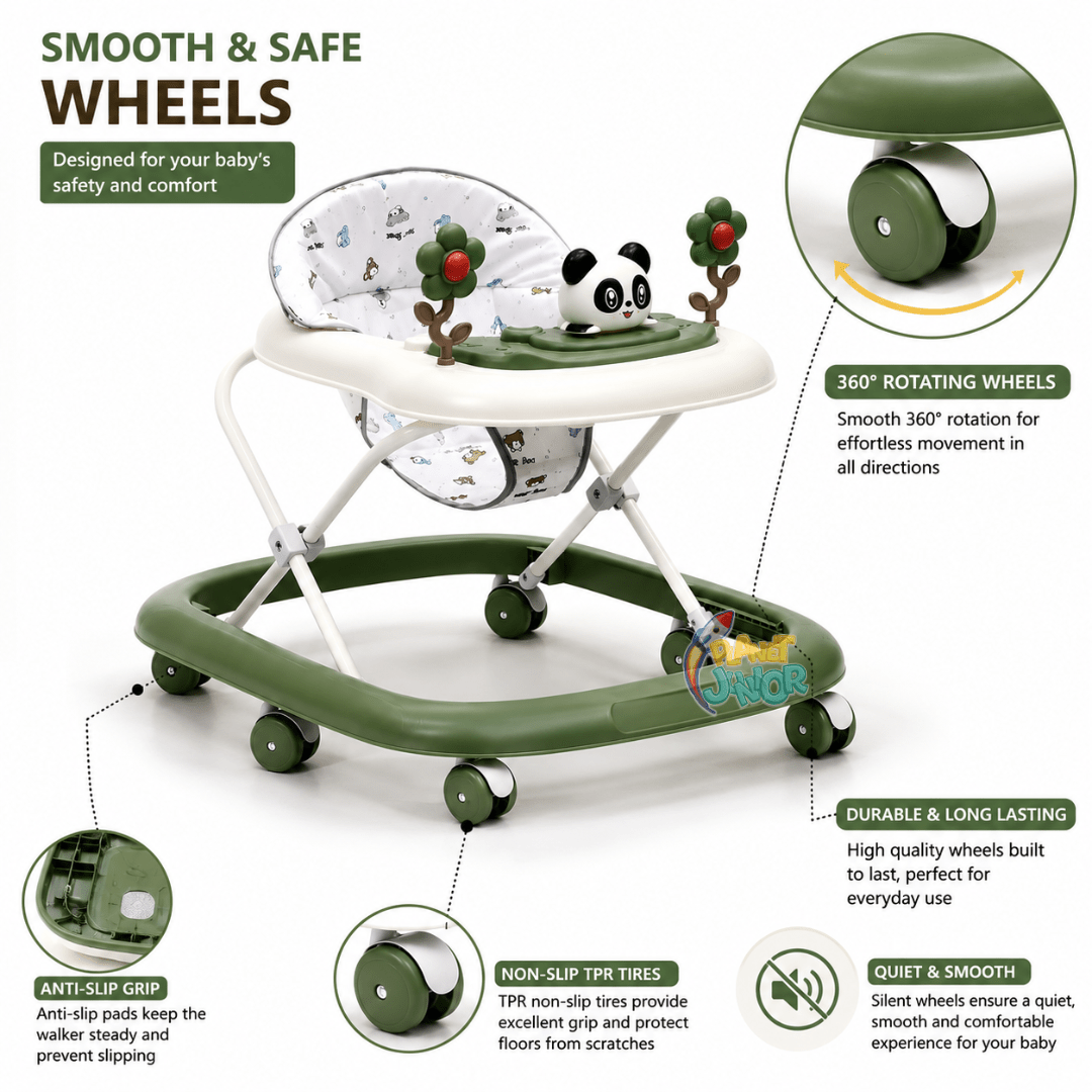 Panda with Twin Rotating Flowers Foldable Baby Walker with Activity Tray