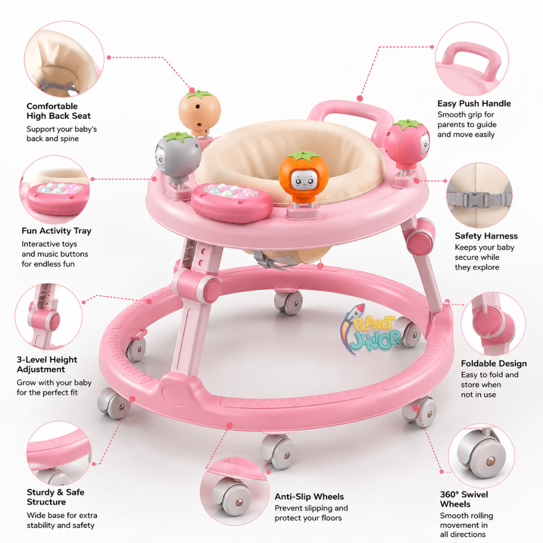 Foldable Baby Walker with Cute Fruit Activity Tray