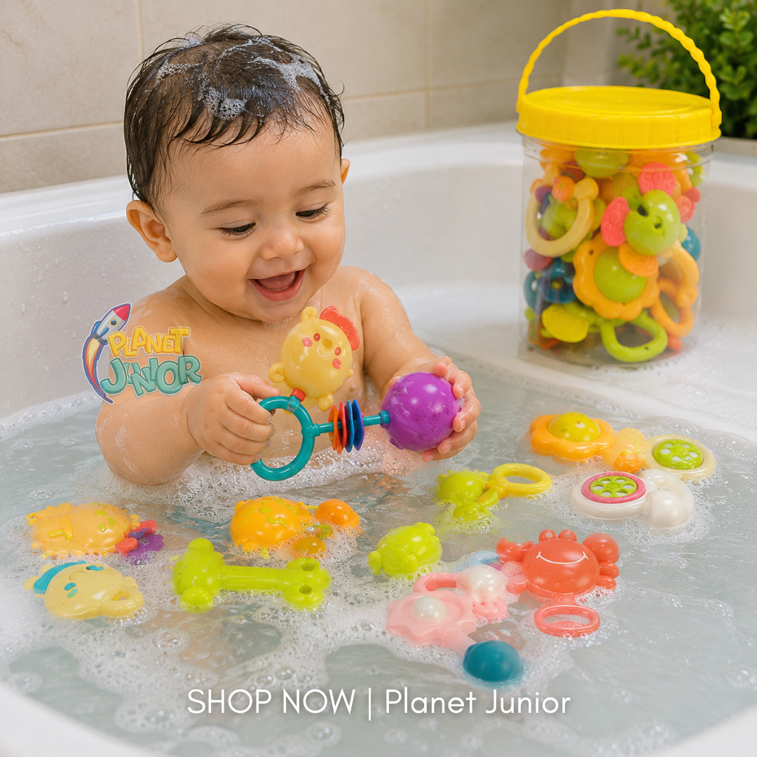 Colorful Baby Rattle & Teether Toy Set with Handy Storage Bucket