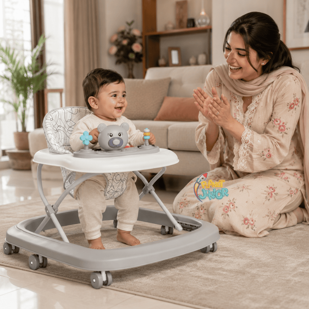 Foldable Baby Walker with Interactive Bear Activity Tray