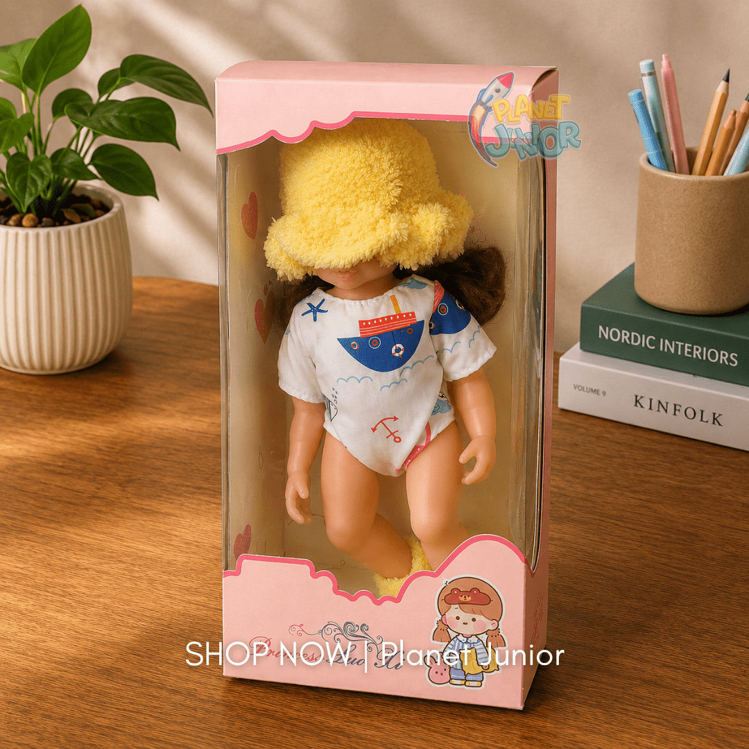 Adorable Baby Girl Doll with Fluffy Hat & Printed Outfit