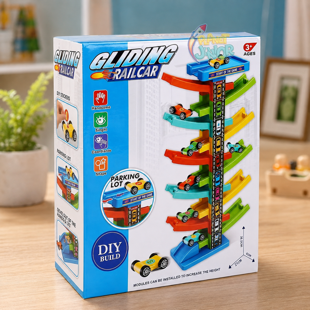 DIY Gliding Rail Car Multi-Level Racing Track Set with 8 Slide Cars