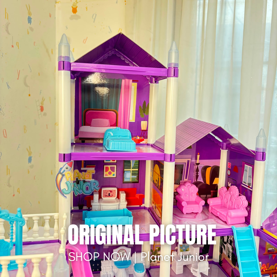 Luxury 3-Story Dollhouse Playset with Furniture & Balcony Design