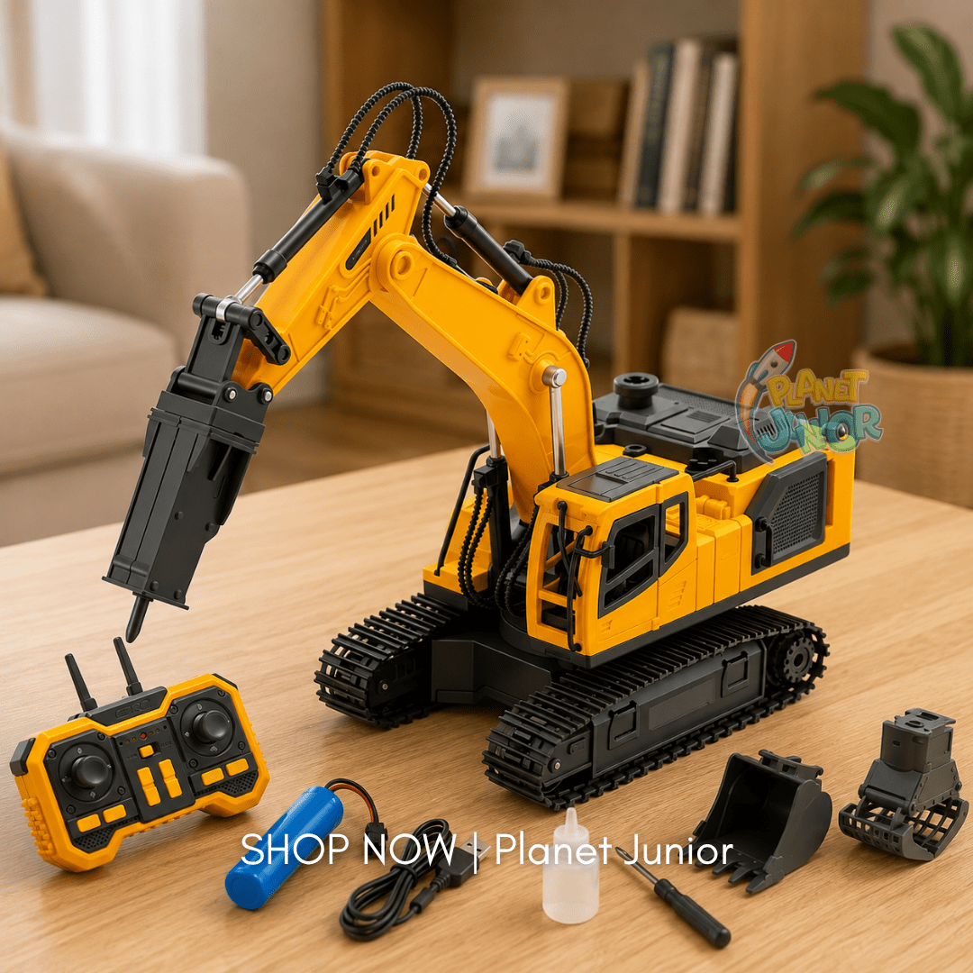 3-in-1 RC Excavator Construction Machine with Interchangeable Attachments, Smoke, Lights & Sound