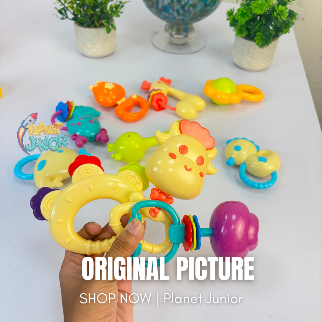 Colorful Baby Rattle & Teether Toy Set with Character Storage Container
