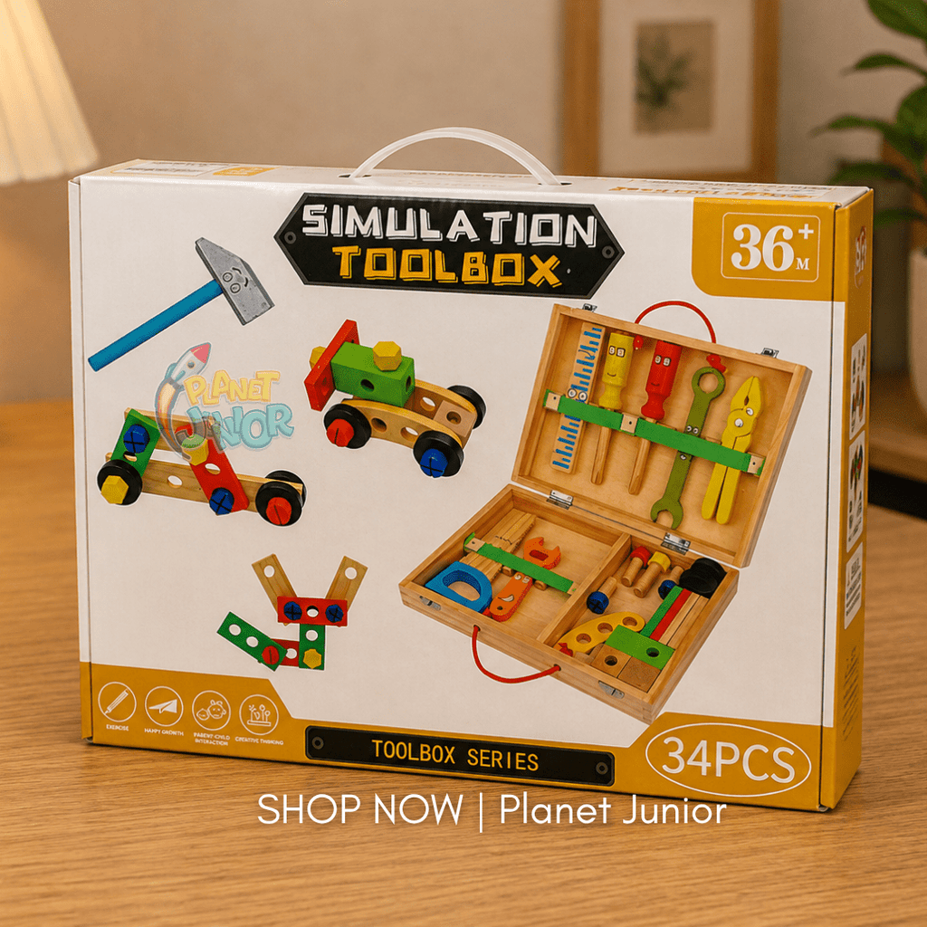 34 PCS Wooden Tool Box & Construction Set for Kids