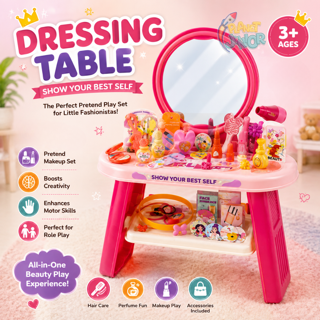 Kids Pink Dressing Table with Mirror, Beauty Accessories & Storage Shelf