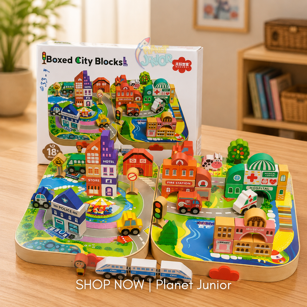 Wooden Mini City Building Blocks & Vehicle Playset for Kids