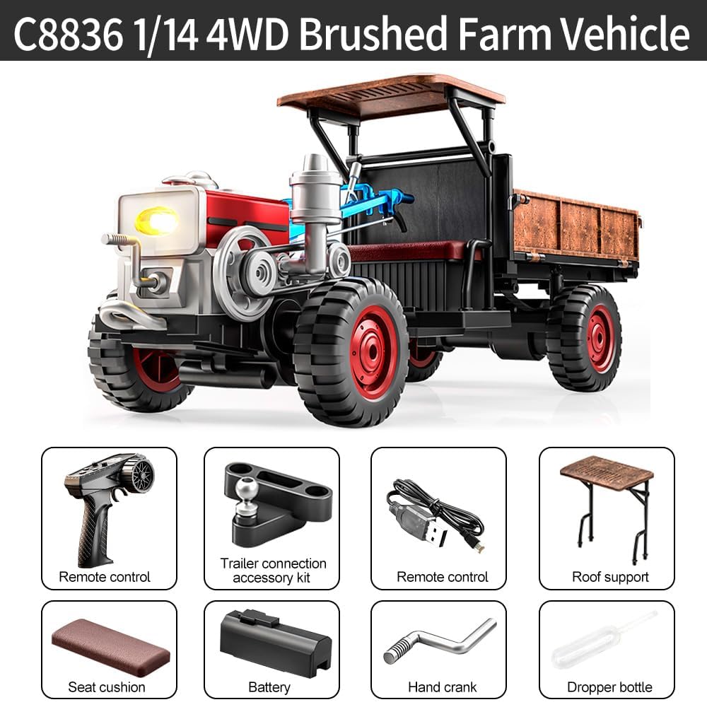 Remote-Controlled Vintage Farm Tractor with Trailer, Working Lights & Full Function Driving Action