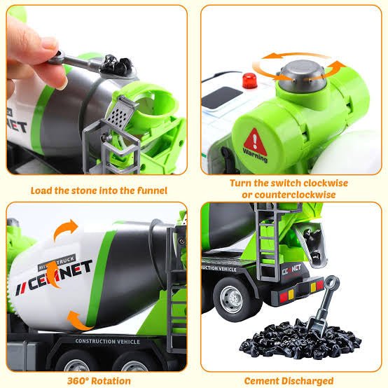 Diecast Cement Mixer Truck with Rotating Drum and Realistic Load & Pour Function