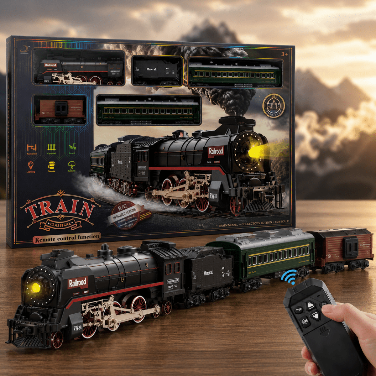 Classical Railroad R/C Steam Train Set with Real Steam, Lights & Sounds (660+ cm Track)
