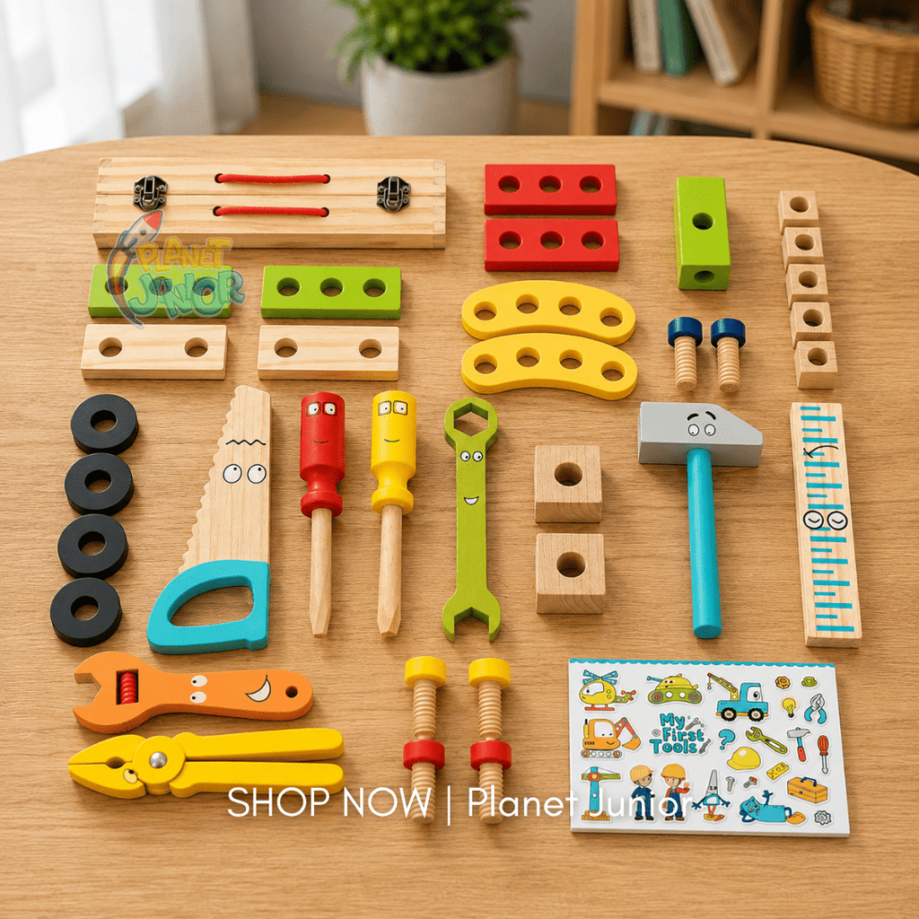 34 PCS Wooden Tool Box & Construction Set for Kids