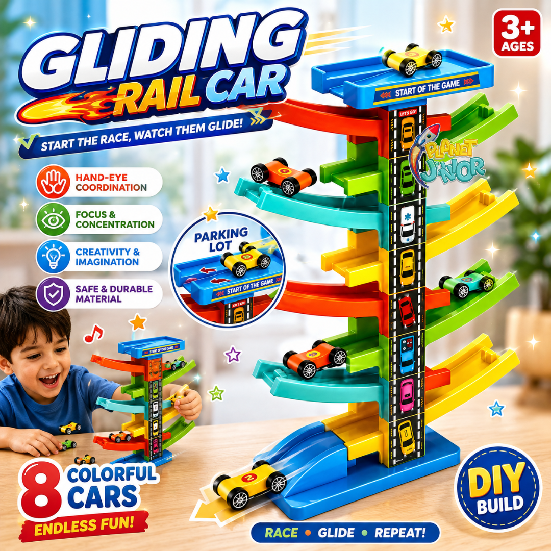 DIY Gliding Rail Car Multi-Level Racing Track Set with 8 Slide Cars