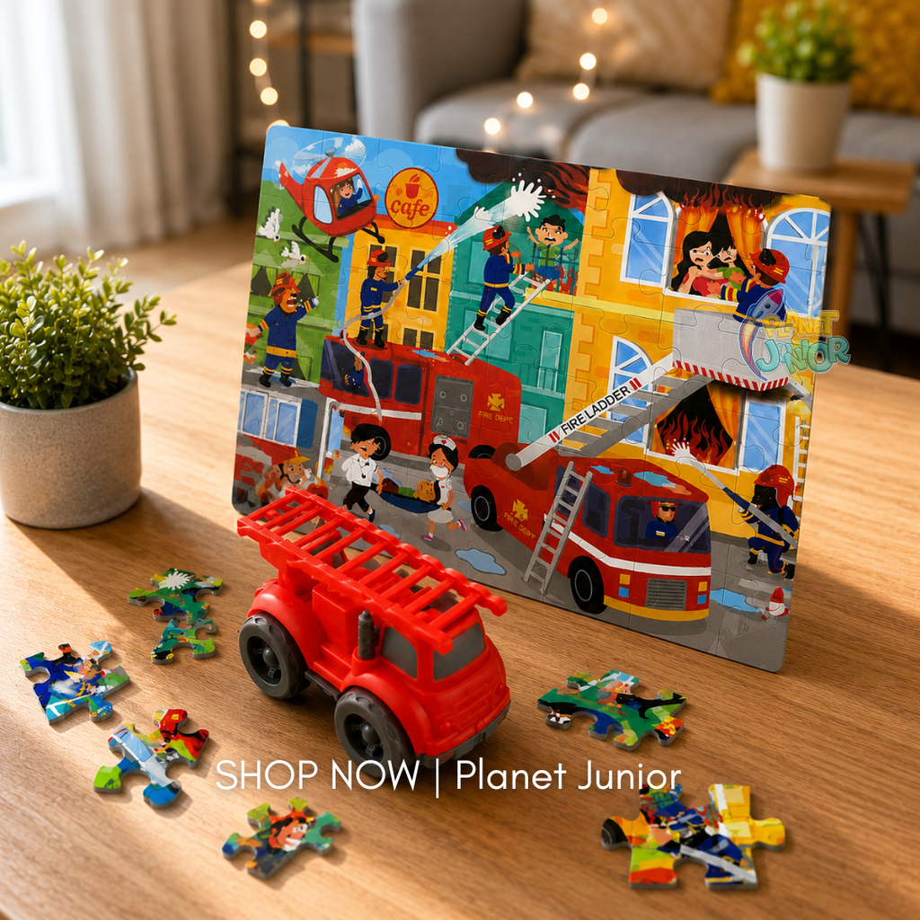 48-Piece Rescue Theme Wooden Puzzle Activity Set with Inertia Vehicle & Color Pens