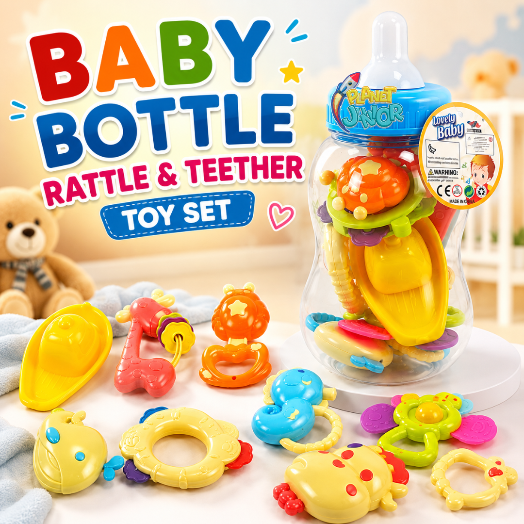 Baby Bottle Rattle & Teether Toy Set with Colorful Animal Designs
