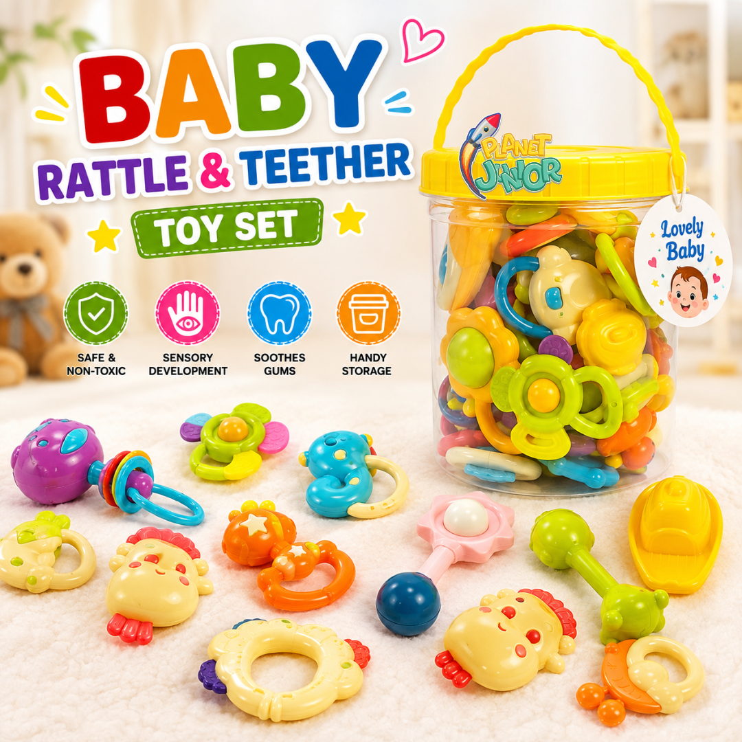 Colorful Baby Rattle & Teether Toy Set with Handy Storage Bucket
