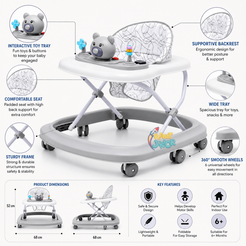 Foldable Baby Walker with Interactive Bear Activity Tray