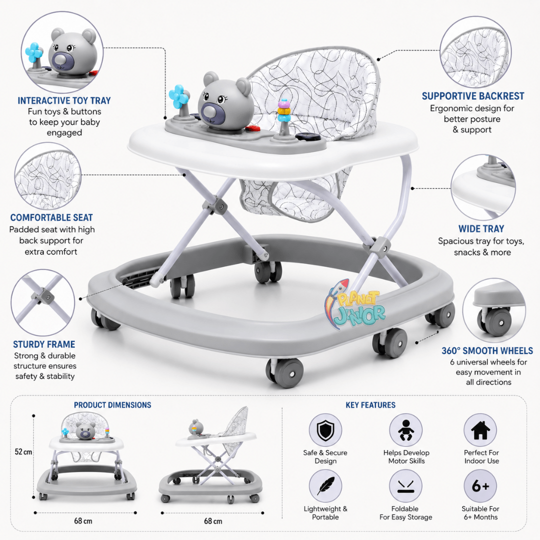 Foldable Baby Walker with Interactive Bear Activity Tray