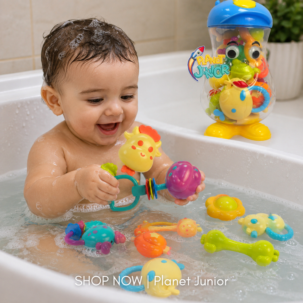 Colorful Baby Rattle & Teether Toy Set with Character Storage Container