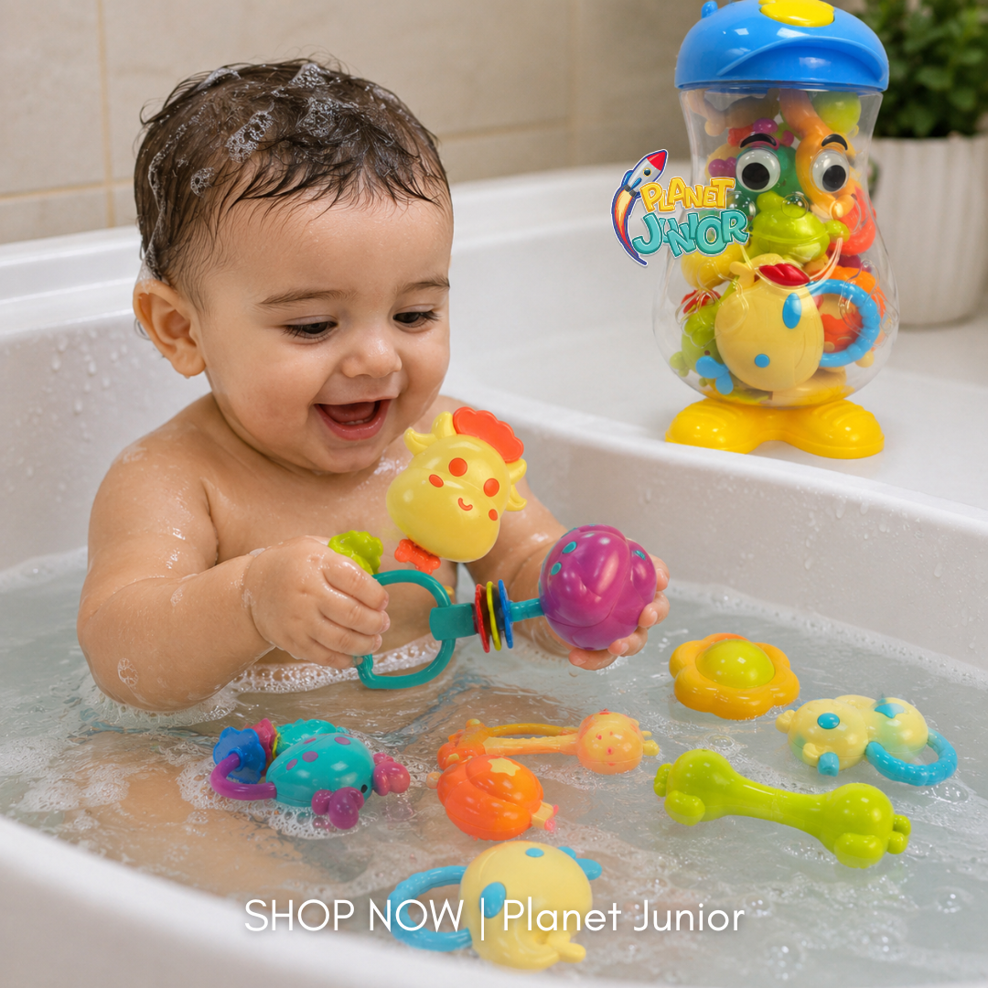 Colorful Baby Rattle & Teether Toy Set with Character Storage Container