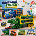 Dinosaur Truck Transporter Play Set – 2 PCS Folding Dino Carrier with Race Track & 4 Mini Cars