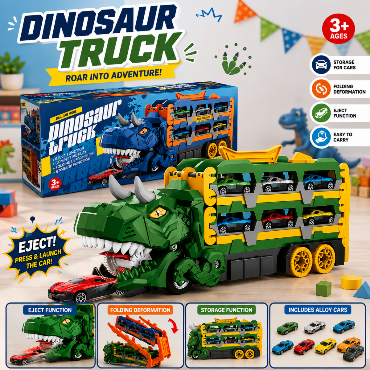 Dinosaur Truck Transporter Play Set – 2 PCS Folding Dino Carrier with Race Track & 4 Mini Cars