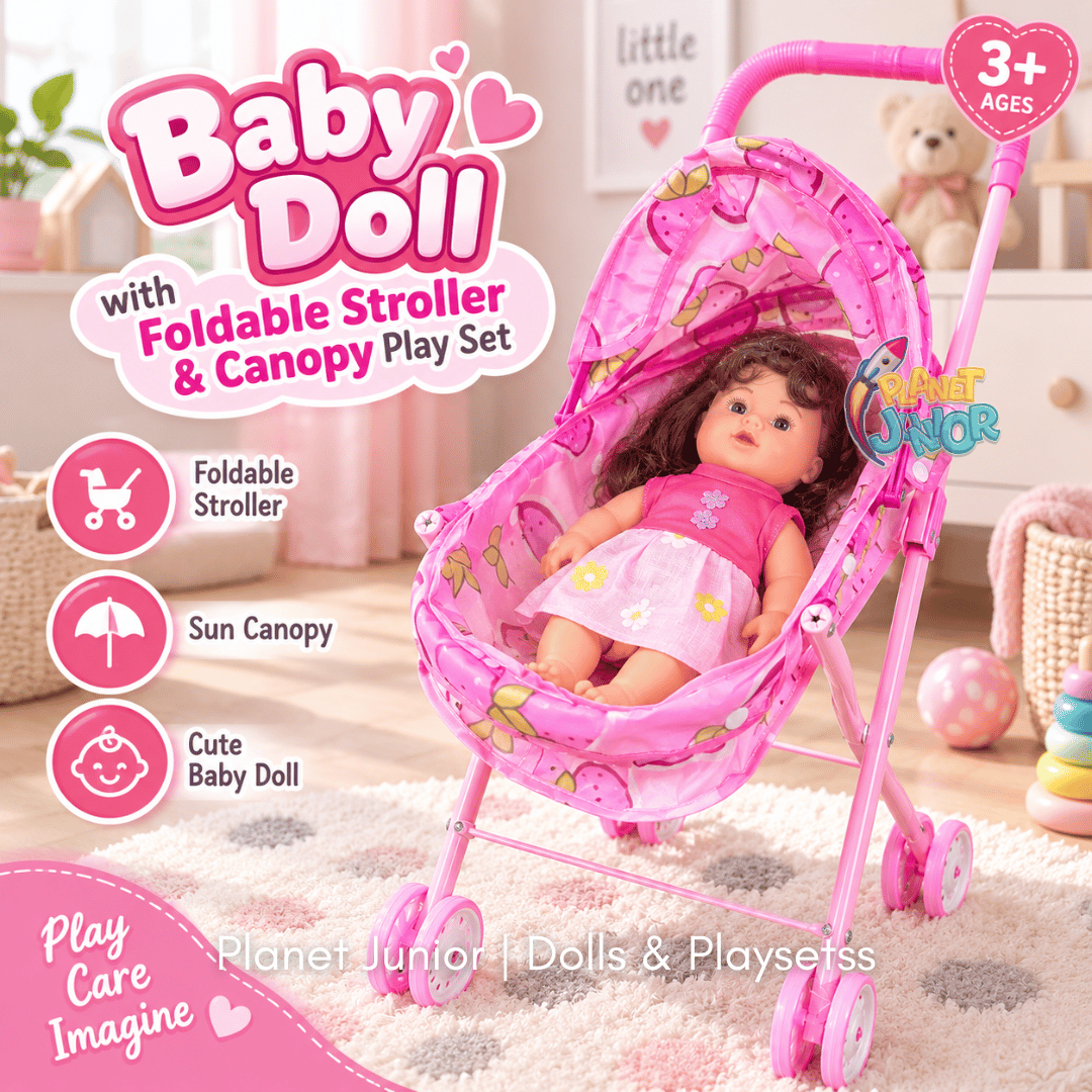 Baby Doll with Foldable Stroller & Cute Strawberry Fabric Play Set