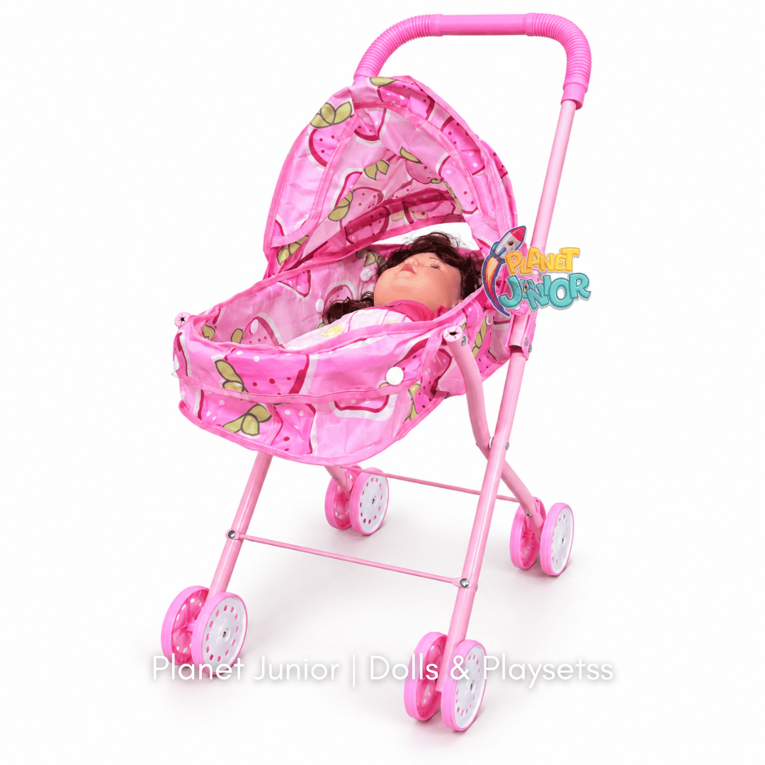 Baby Doll with Foldable Stroller & Cute Strawberry Fabric Play Set