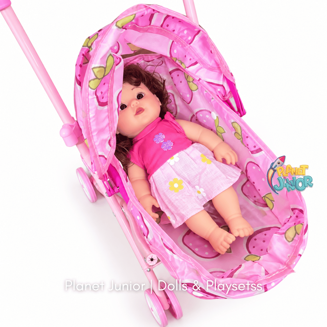 Baby Doll with Foldable Stroller & Cute Strawberry Fabric Play Set
